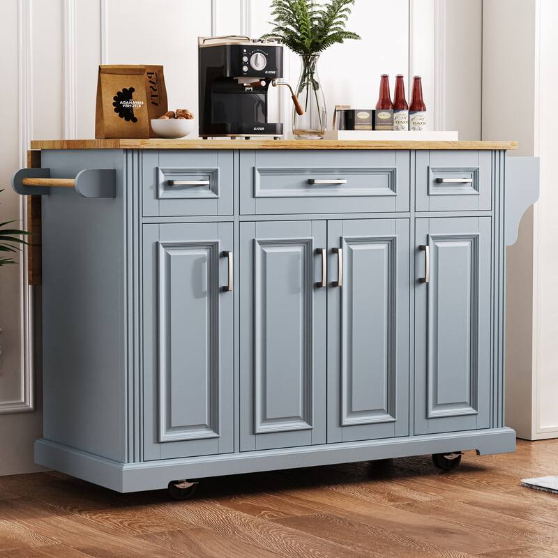 54inch Large Kitchen Island , Embossed Texture Rolling Kitchen cart on 4 Wheels with 4 Doors and 3 Drawers - Grey+Blue