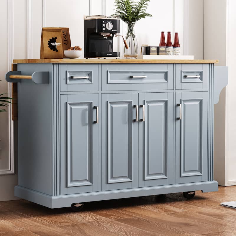 Large Kitchen Island with Wood Drop Leaf, Blue Rolling Kitchen Cart with Doors and Drawers with Storage for Kitchen - Grey+Blue
