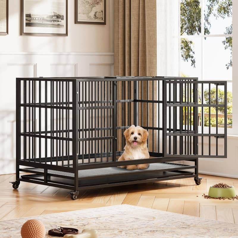 Heavy Duty Dog Crate withDouble Door Wheels ChewProof Metal Kennel for Small Dogs Easy to Assemble