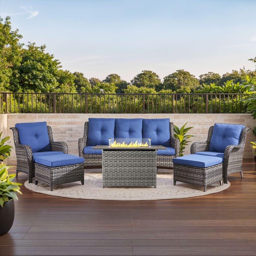 Gymojoy 6-Piece Outdoor Furniture Sofa Set with 2 Patio Chairs, 2 Ottomans & 55K BTU Fire Pit Table