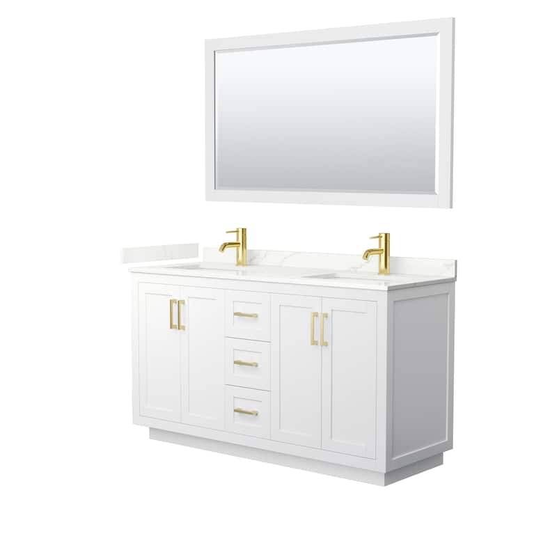 Miranda 60-inch Double Vanity, Quartz Top, 58-inch Mirror - White, Gold Trim, Giotto Quartz Top