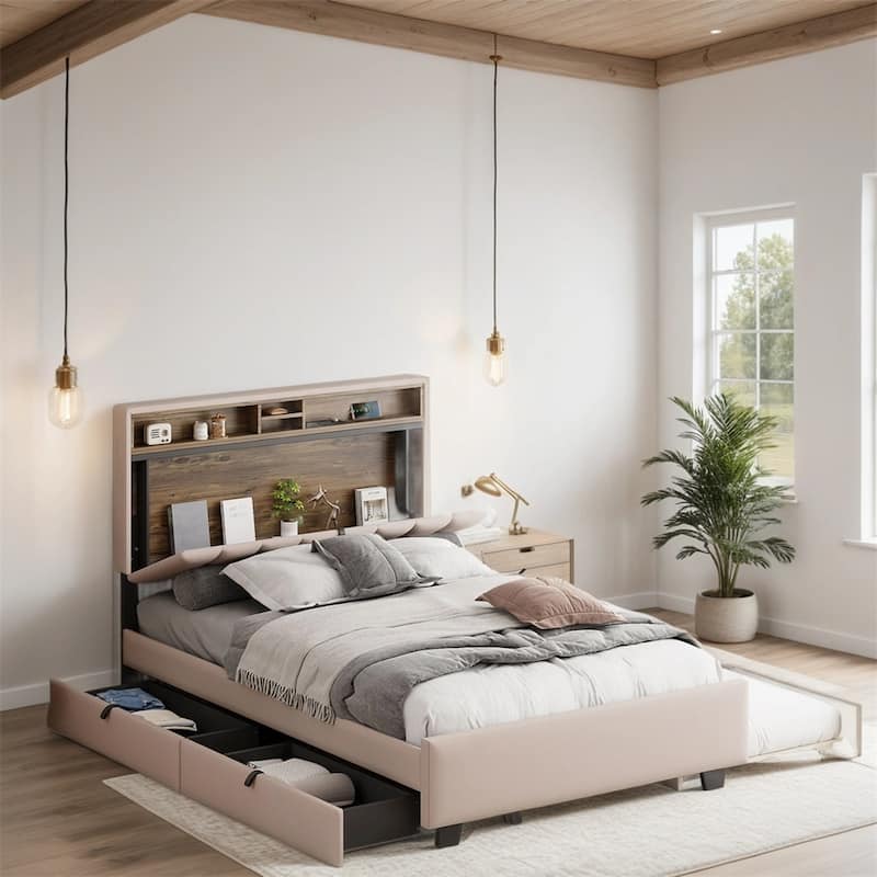 Full Size Linen Upholstered Platform Bed with Trundle and USB Ports