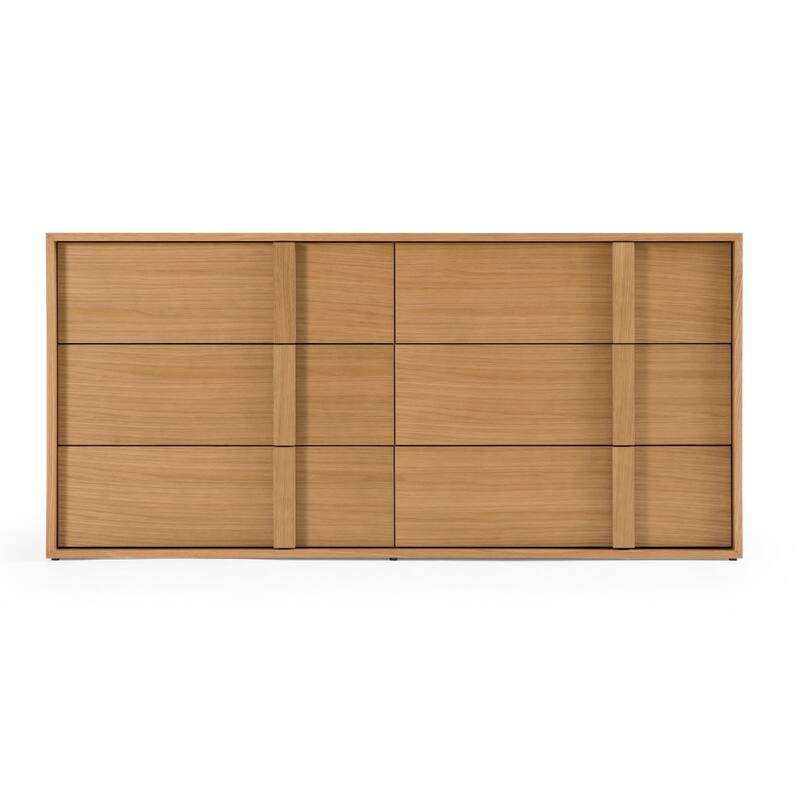 Lina 65 Inch Wide Dresser, 6 Drawers, Natural Brown Oak Veneer Frame