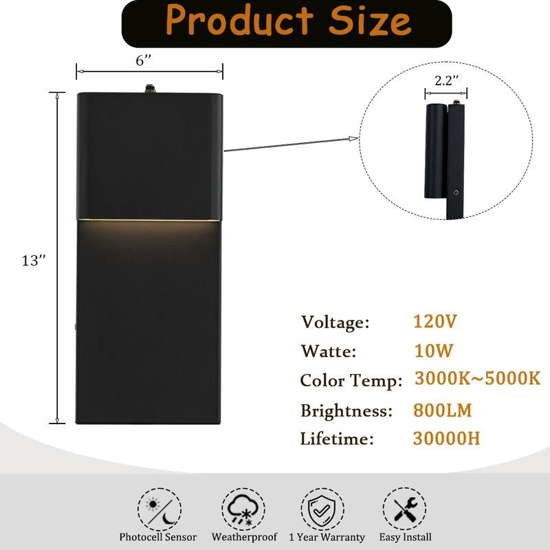 1-Light H13/15 in Modern Simple Sqaure 10W/13W Integrated LED Outdoor Wall Sconce with Dusk to Dawn Sensor in Matte Black