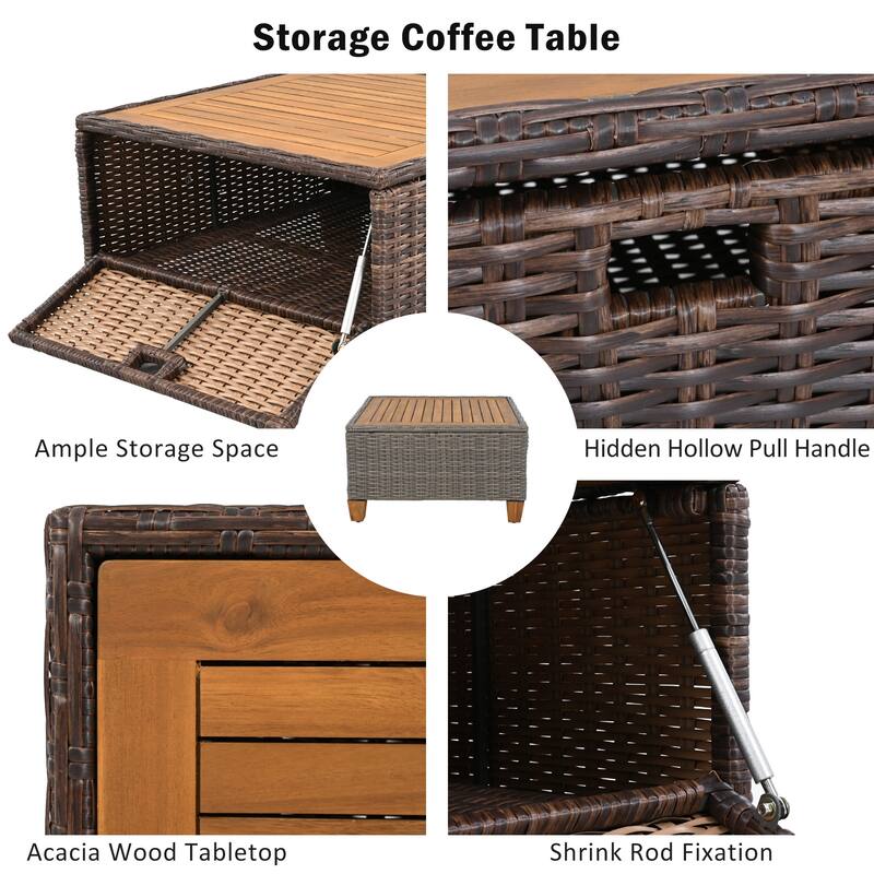 8-Piece Outdoor Patio Wicker Conversation Sofa Set with 2 Swivel Rocking Chairs and Acacia Storage Table