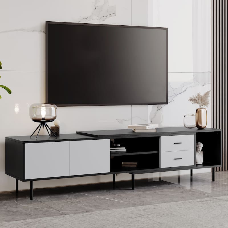 Black+Grey 70.8" TV Stand with 2 Doors & Large Cabinet for TVs Up to 80"