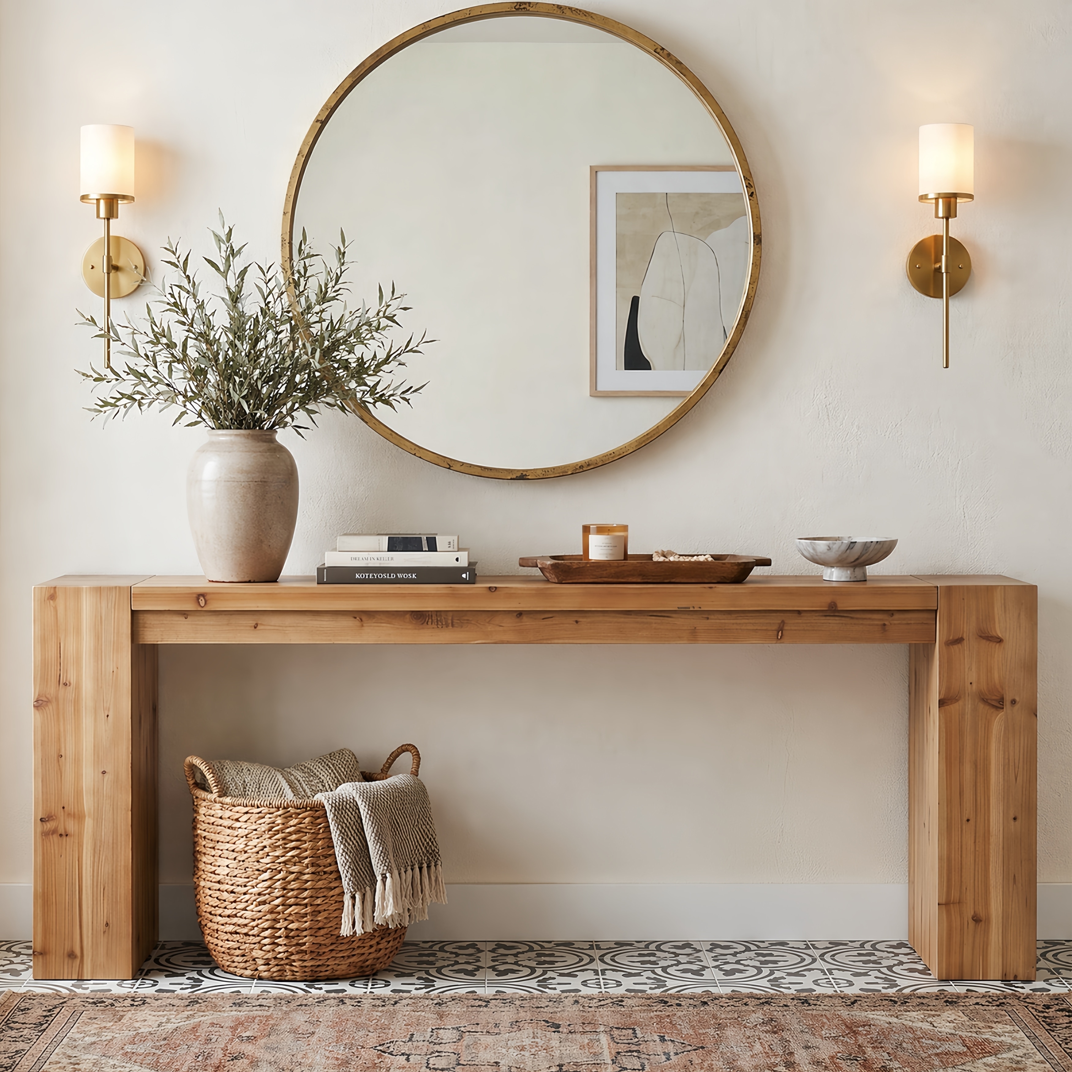 78.74" Solid Wood Entryway Table, Rustic Narrow Hallway Accent Table with Thick Block Legs for Home Decor