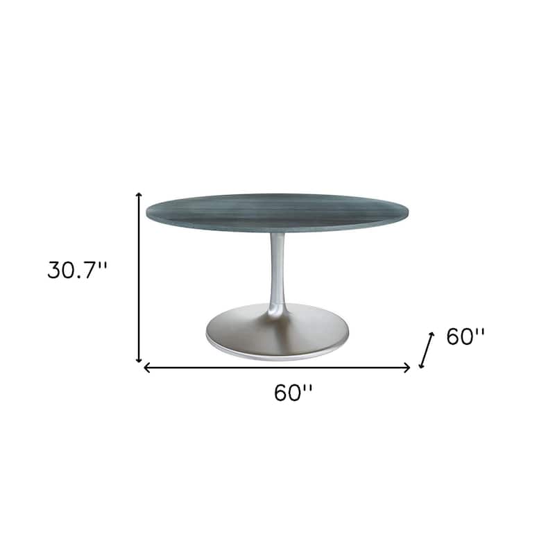 HomeRoots 60" Gray and Silver Marble and Aluminum Pedestal Base Round Top Dining Table - 60.00 in. x 30.70 in. x 60.00 in.