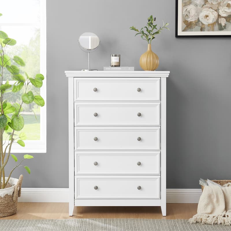 White Farmhouse 5-Drawer Dresser, Stylish Storage Cabinet Solution
