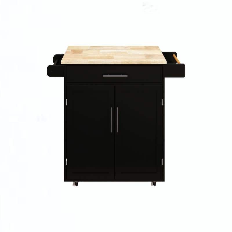 Black Rubber Wood Kitchen Island Cart with Drawer, Adjustable Shelves & Racks