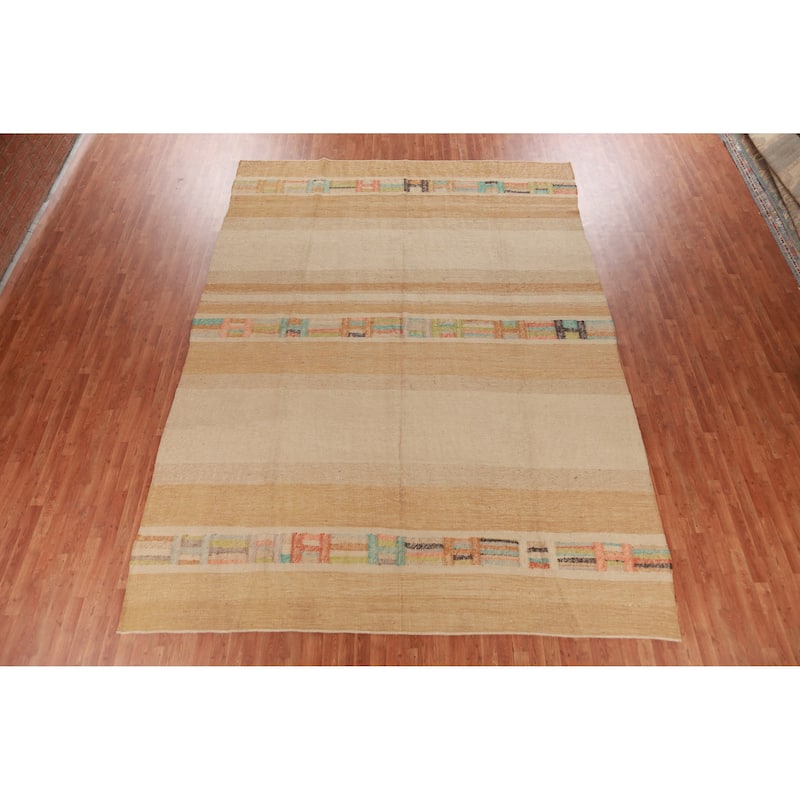 Hand Woven Oriental 100% Jute Carpet Modern Stripe Beige & Ivories Kilim Area Rug - 13' 11'' X 10' 3''
