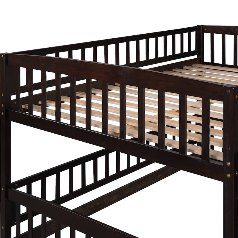 Solid Pinewood Floor Bunk Bed Frame with Slide and Ladder, Twin/Full Size Low Bunk Bed with Fence and Door for Kids Teens