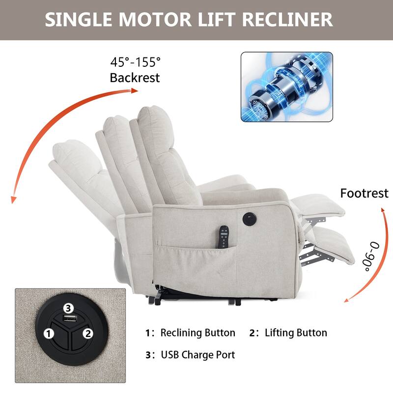 Roomfitters Power Lift Recliner Chair, Single Motor Massage Sofa with Heat and USB Port, Heavy Duty Chenille Fabric