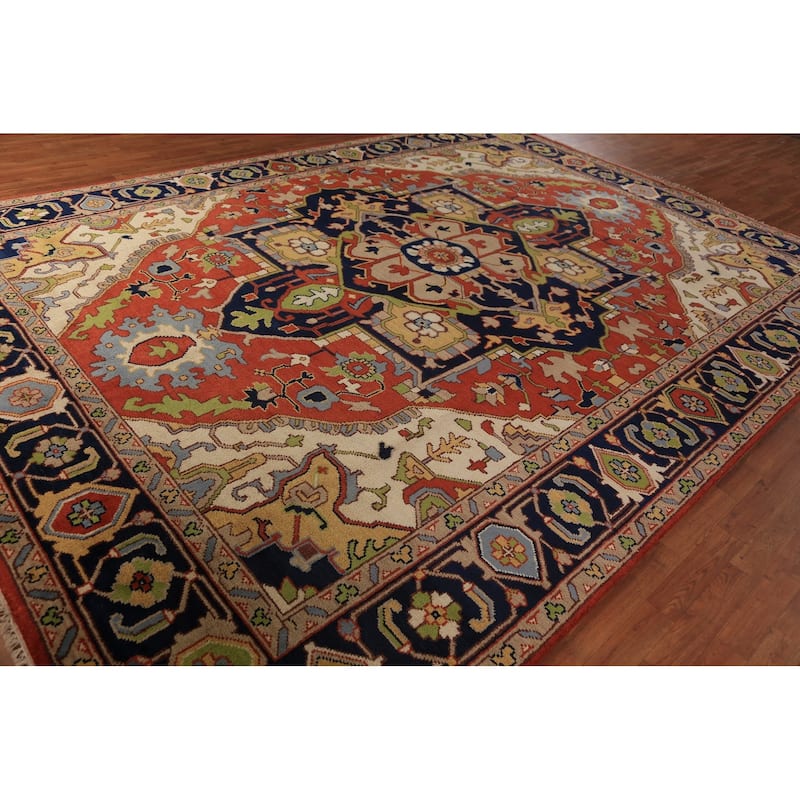 Orange Medallion Heriz Serapi Indian Large Rug Handmade Wool Carpet - 9'11"x 13'9"