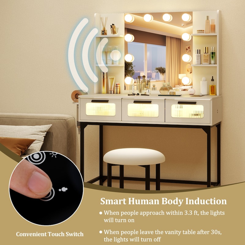 White Makeup Vanity Table with LED Hollywood Mirror and USB Charging Station Storage Drawers - 35.5" x 15.5" x 54"