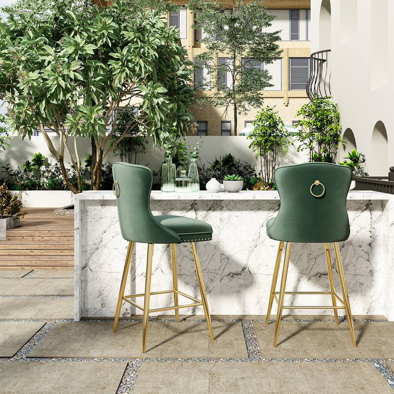 Bar Stools Set Of 2, Velvet Counter Height Bar Stools With Metal Legs, Button Tufted And Nailheads Trim