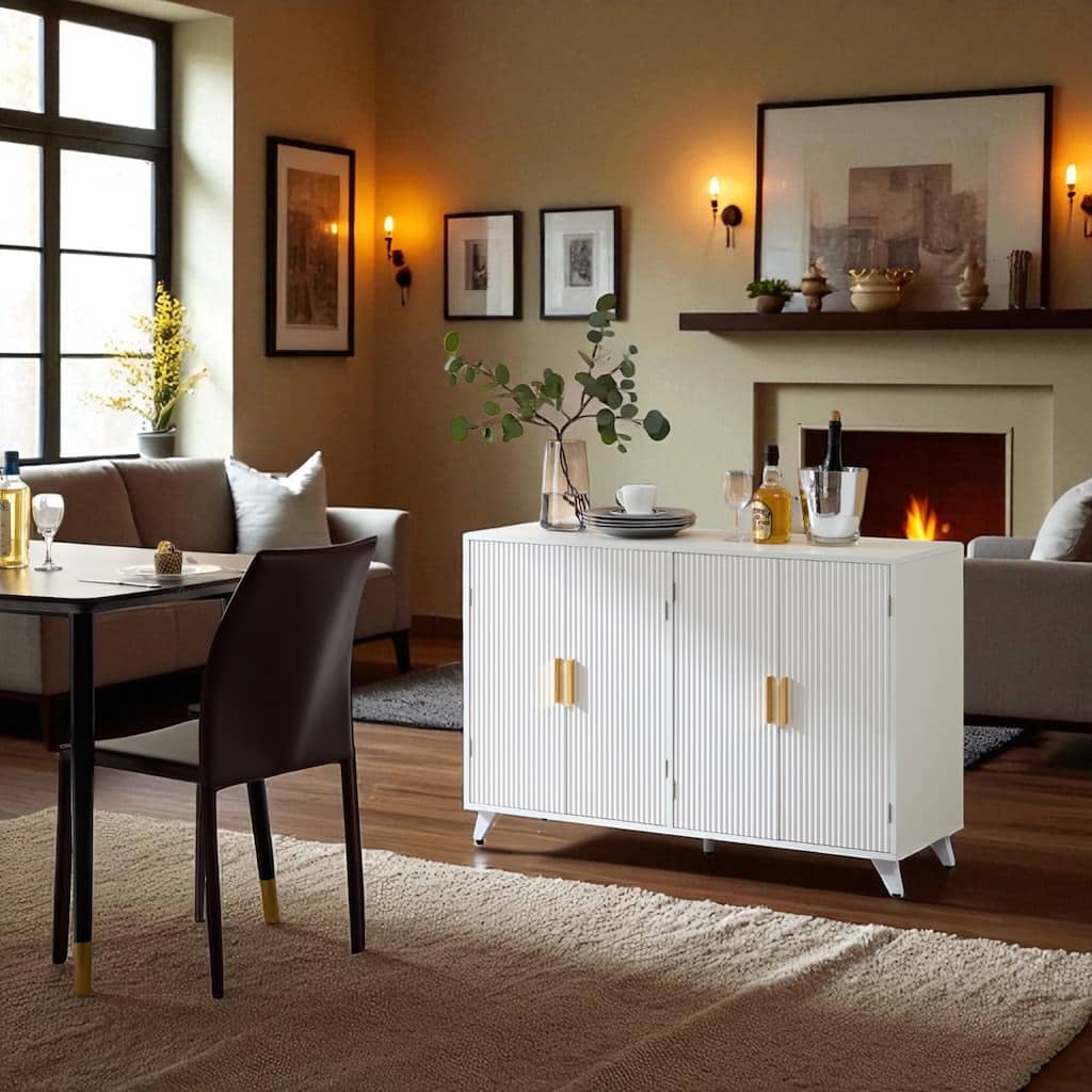 Ivory White 4-Door Sideboard Buffet Cabinet with Removable Shelves and Soft-Close Hinges, Elegant Gold Accents