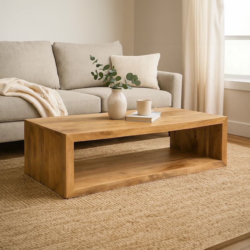 Keli 58 Inch Mango Wood Coffee Table, Open Cube, 1 Shelf, Natural Brown - Brown - Wood