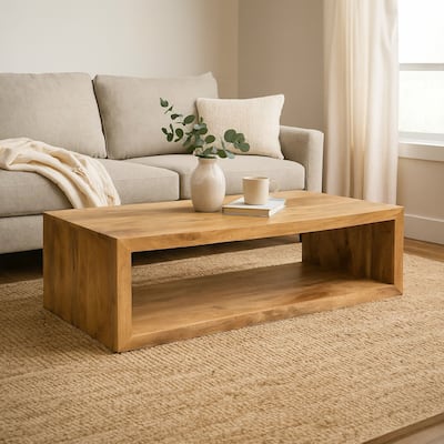 Keli 58 Inch Mango Wood Coffee Table, Open Cube, 1 Shelf, Natural Brown