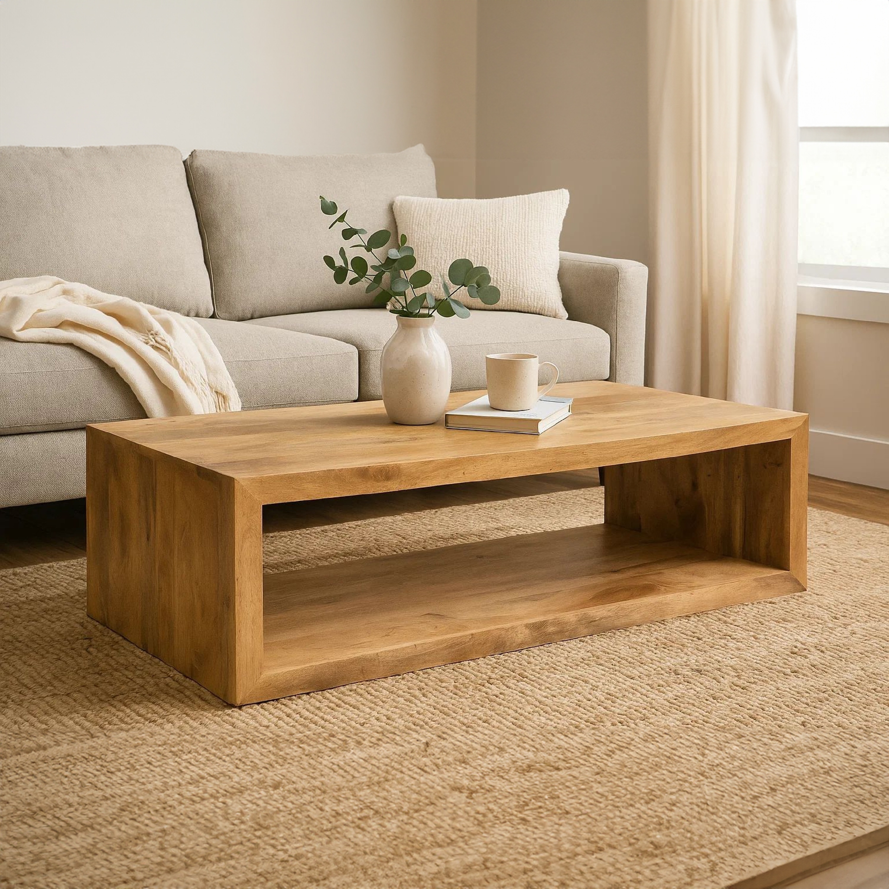Keli 58 Inch Mango Wood Coffee Table, Open Cube, 1 Shelf, Natural