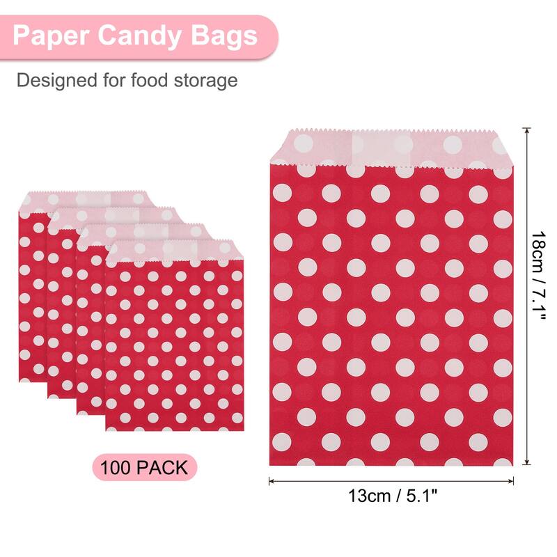 100Pcs Kraft Paper Treat Bags, Greaseproof Candy Bags Flat Favor Bags - Red - 7" x 5"