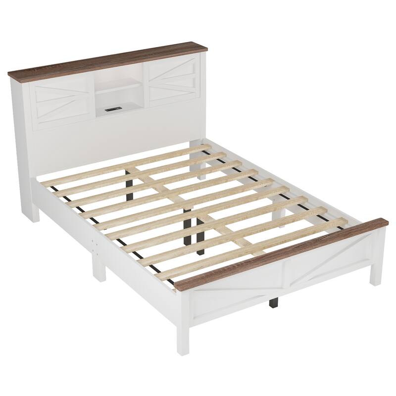 Farmhouse Platform Bed with Double Sliding Barn Door, Full/Queen Size Rustic Bed Frame with Charging Station, Wood Slats Support