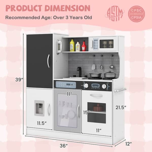 dimension image slide 0 of 2, Pretend Play Kitchen with Utensils for Kids Aged 3+ - 36" x 12" x 39"