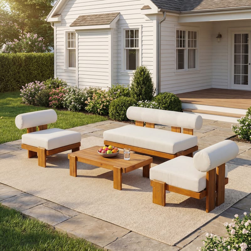 Christopher Knight Home - Modern Outdoor 4-Piece Conversation Set with Water-Resistant Cushions - 4-Piece - Beige+Teak