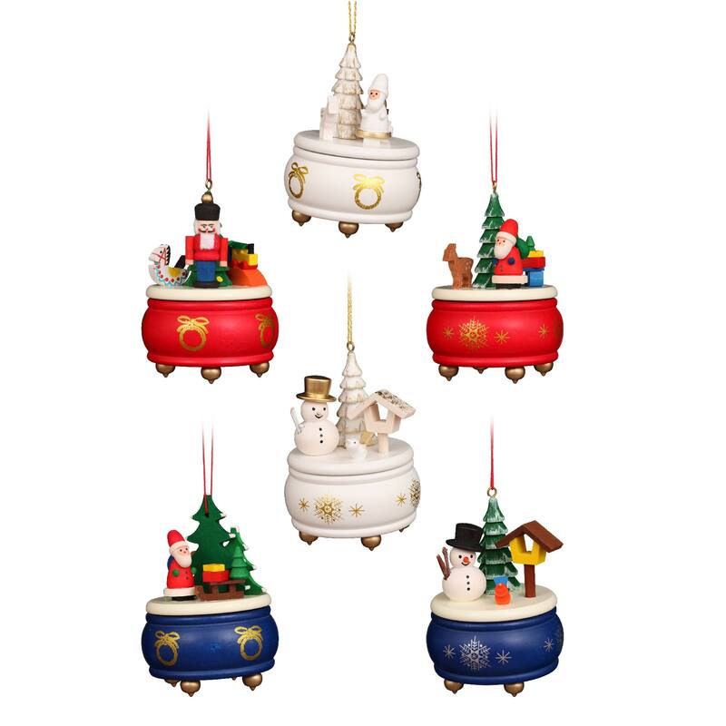 Set of 6 Assorted Music Boxes Christmas Handcrafted Wooden Ornaments 3"