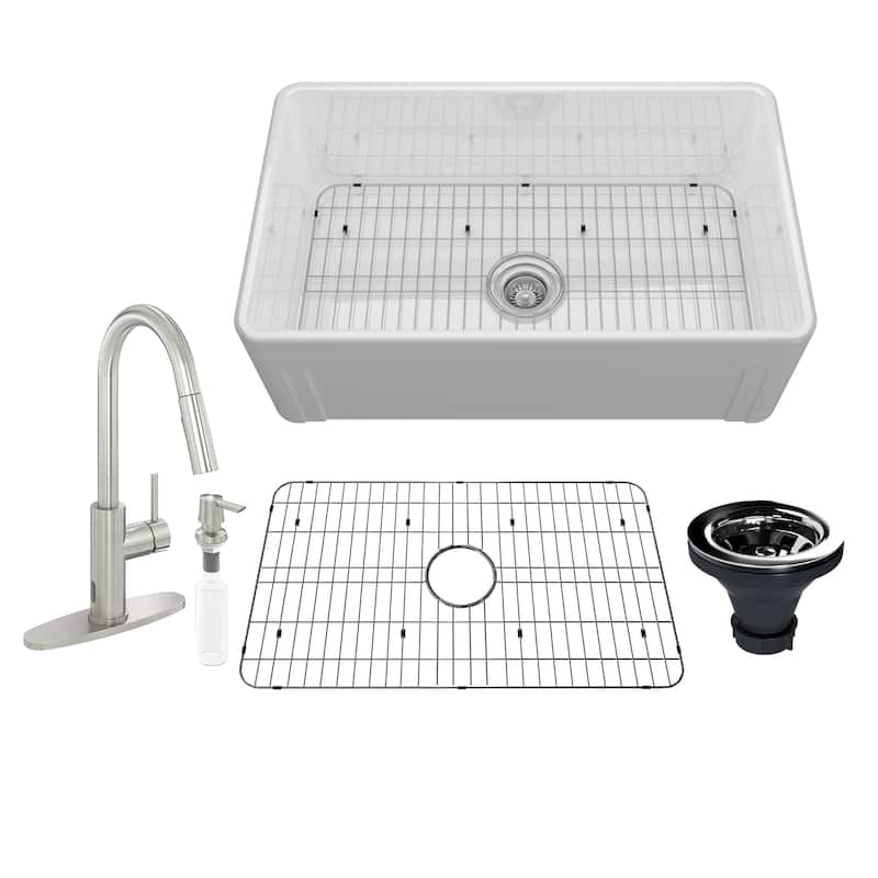 All-in-One Fireclay Farmhouse/Apron-Front Frame Design Reversible Installation Single Bowl Kitchen Sink with Kitchen Faucet Kit
