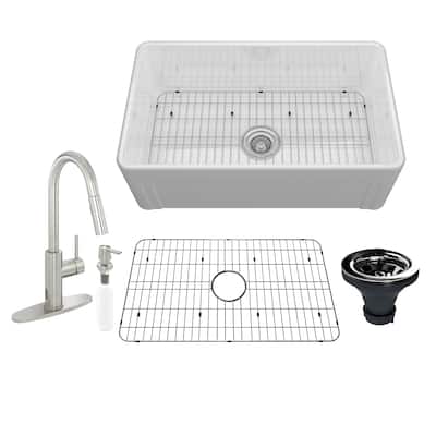 All-in-One Fireclay Farmhouse/Apron-Front Frame Design Reversible Installation Single Bowl Kitchen Sink with Kitchen Faucet Kit