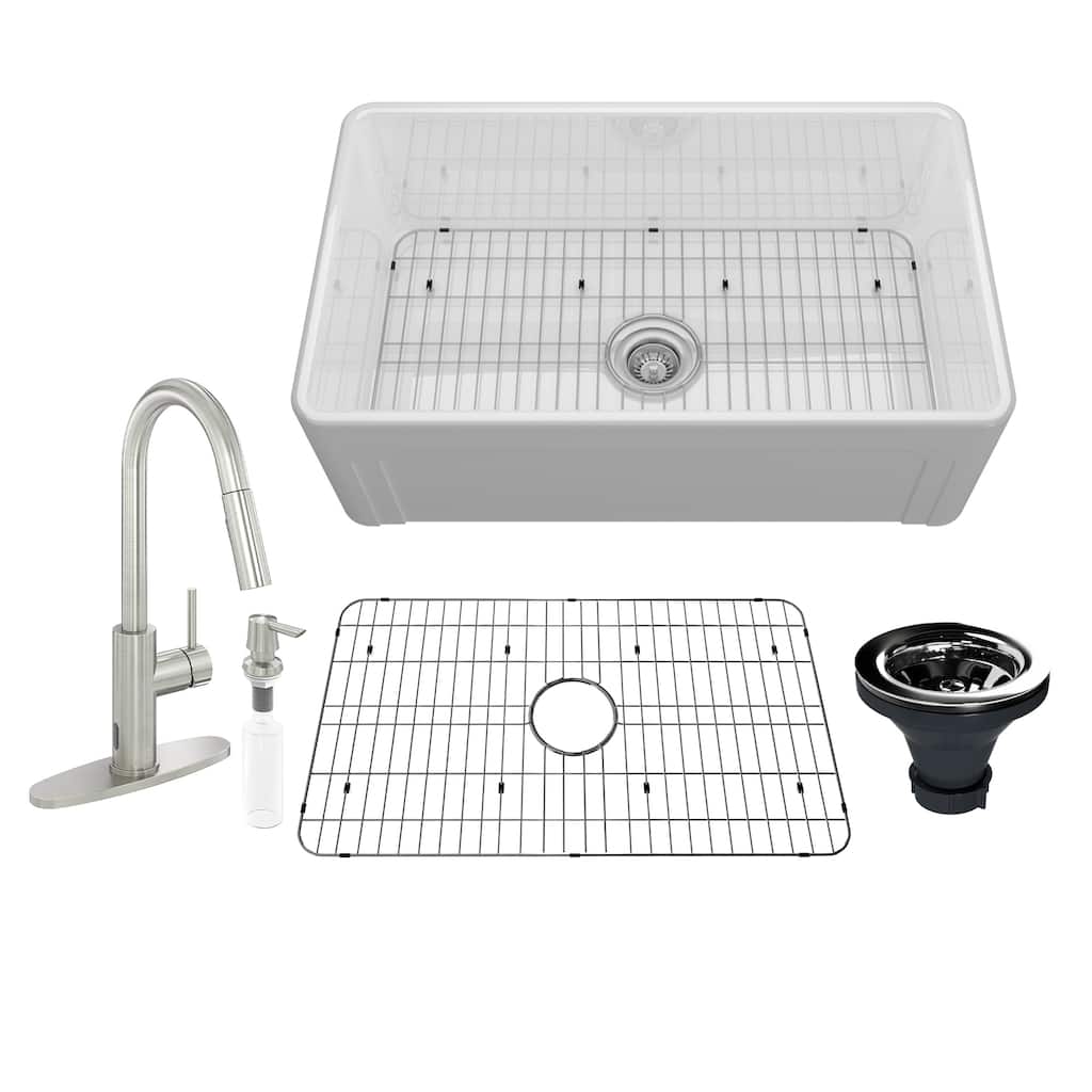 All-in-One Fireclay Farmhouse/Apron-Front Frame Design Reversible Installation Single Bowl Kitchen Sink with Kitchen Faucet Kit