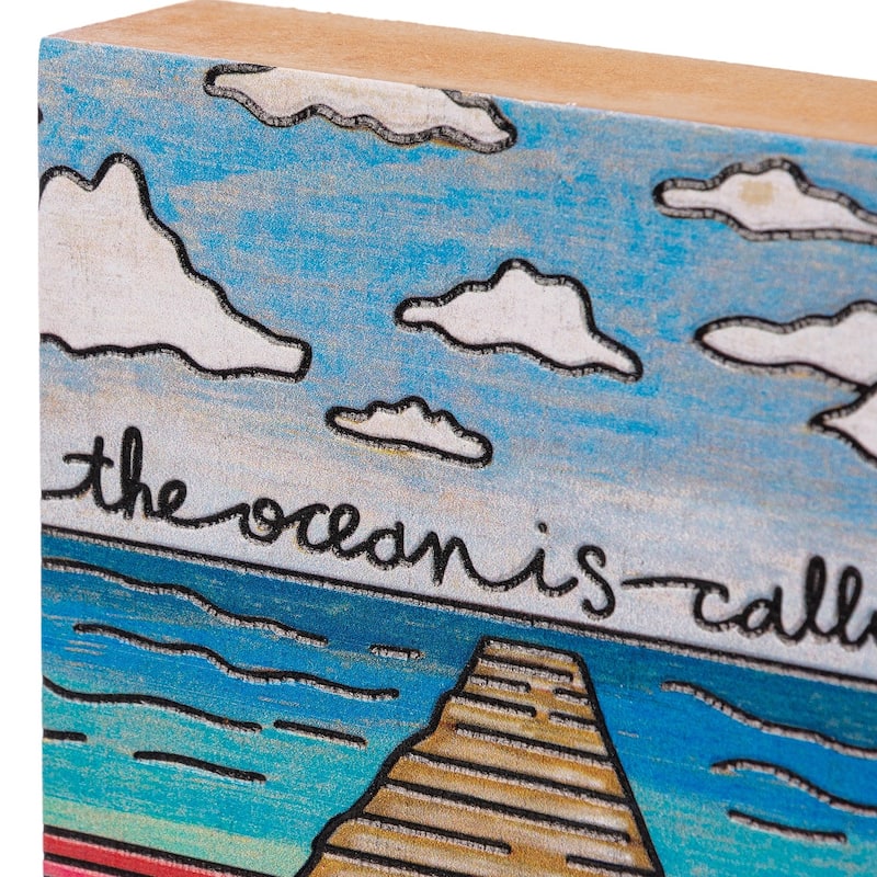 The Ocean is Calling Pier Sunshine Blue Water Wood Block Tier Tray Sign - Multi