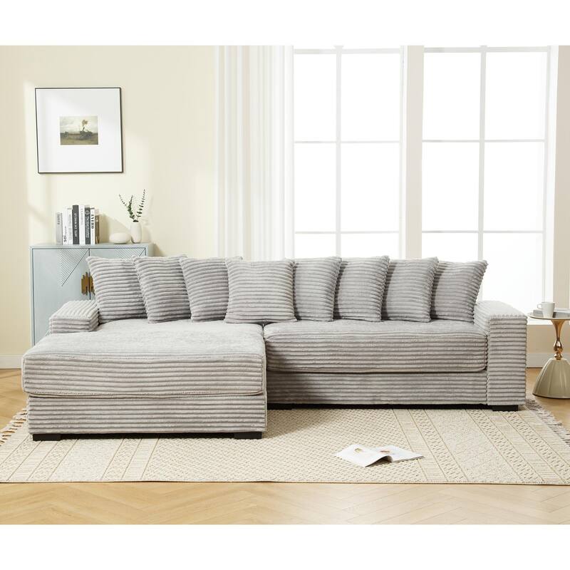 L Shaped Sectional Sleeper Sofa Corduroy Corner Sofa with Chaise Lounge and 8 Throw Pillows, Oversized Modular Daybed