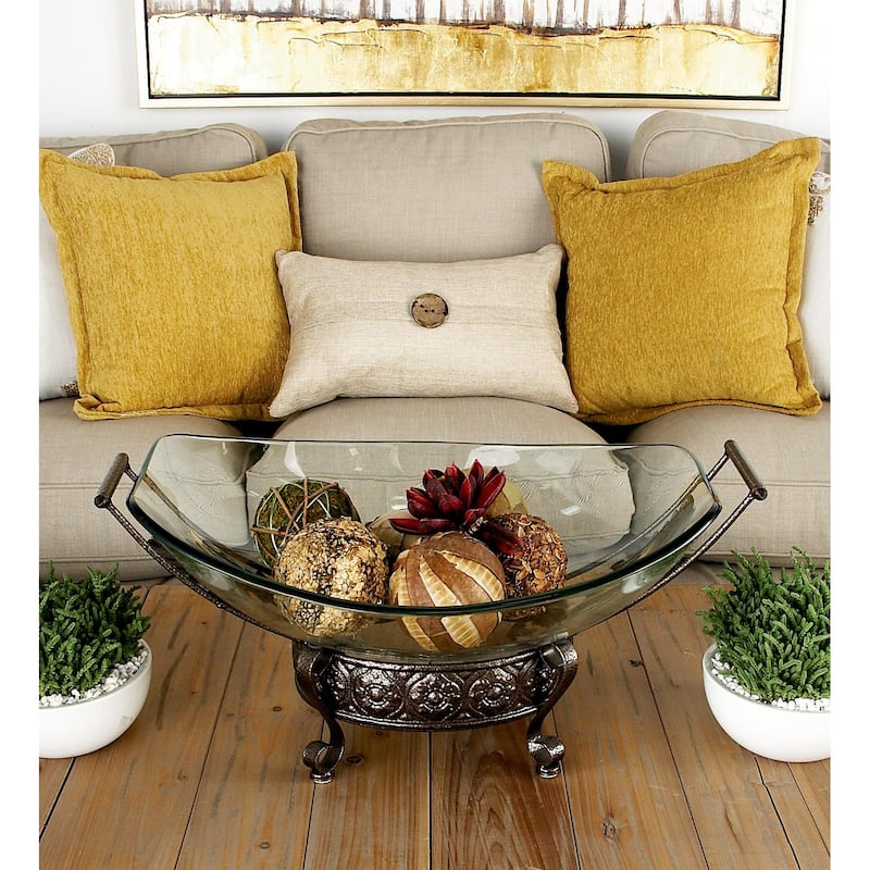Tempered Glass Kitchen Serving Bowl with Brown Metal Scroll Base - Clear - Roche River Decor