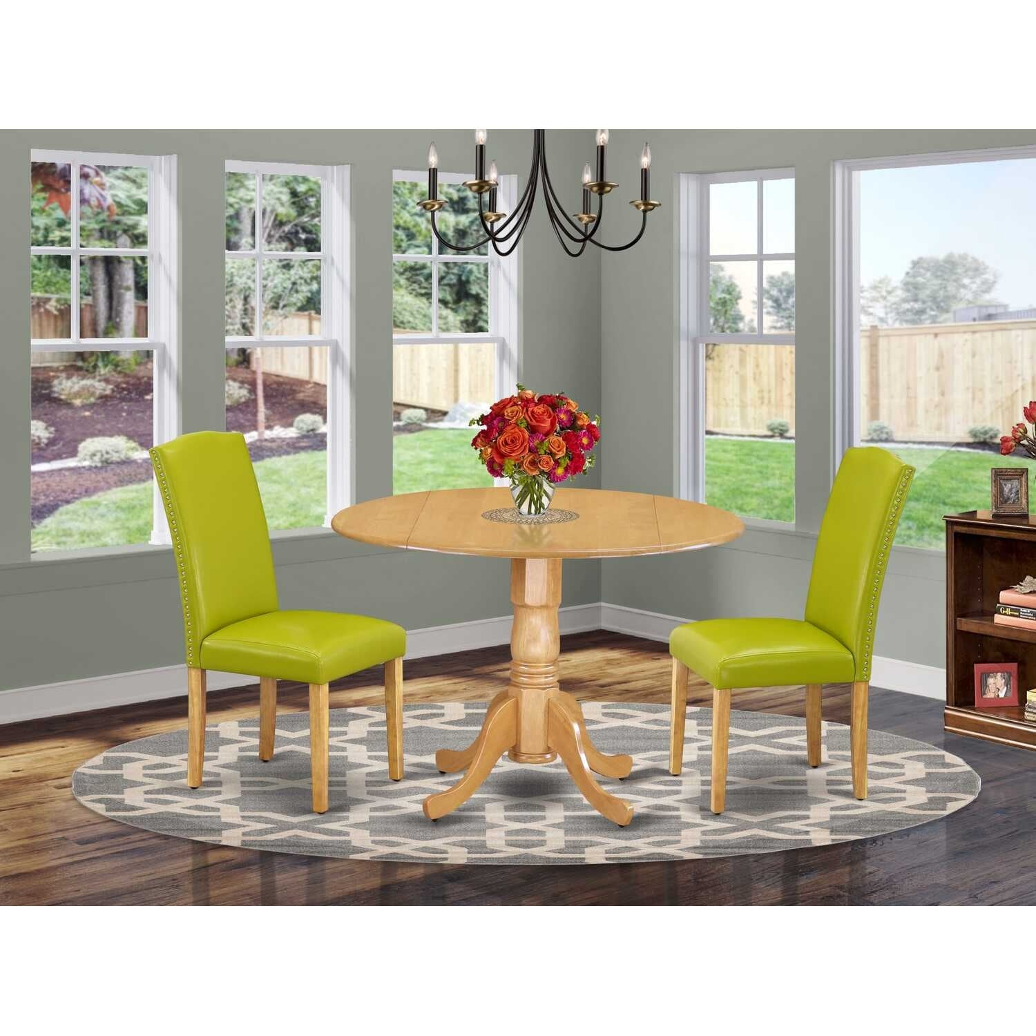 Round Kitchen Table Set 42 Inch Antique Dining Table w/ 2 Parsons Chairs, Green PU Leather