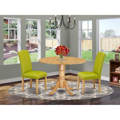 Round Kitchen Table Set 42 Inch Antique Dining Table w/ 2 Parsons Chairs, Green PU Leather