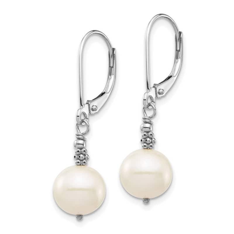 Curata 14k White Gold 8-9mm Round White Freshwater Cultured Pearl Leverback Earrings (31mm)