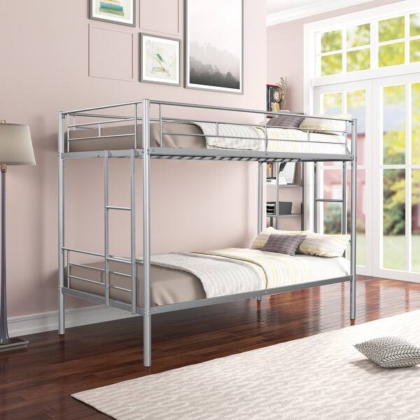 slide 2 of 9, Metal Twin over Twin Bunk Bed with 2 Side Ladders, Sturdy Heavy-duty Metal Bedframe with Safety Guardrail, Noise Reduced Design