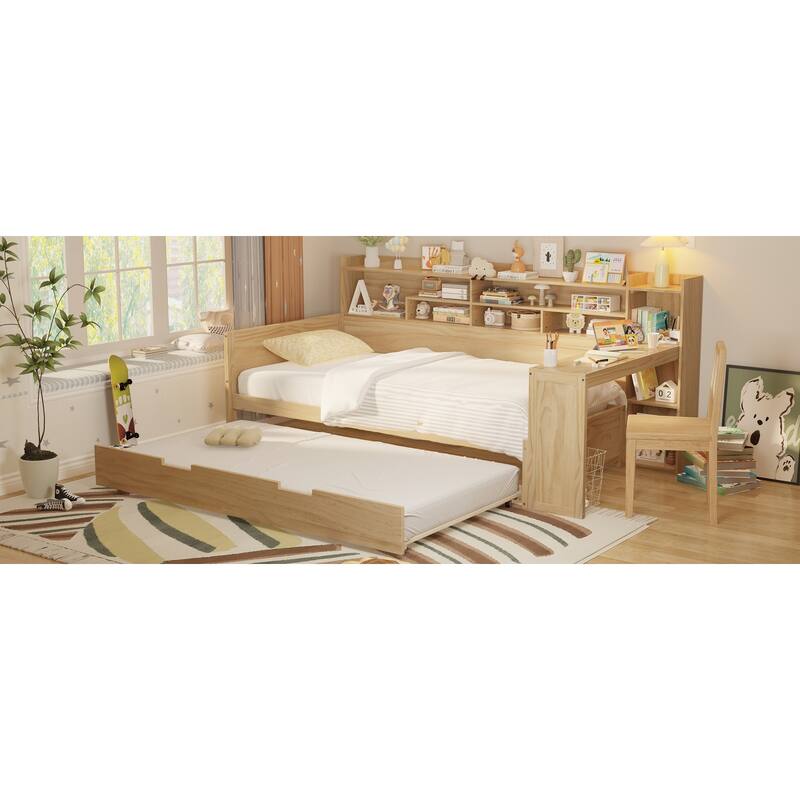 Full Size Daybed with Storage Shelves, Multi-Functional Bed with Twin Trundle and Built-In Study Desk, Space-Saving Design