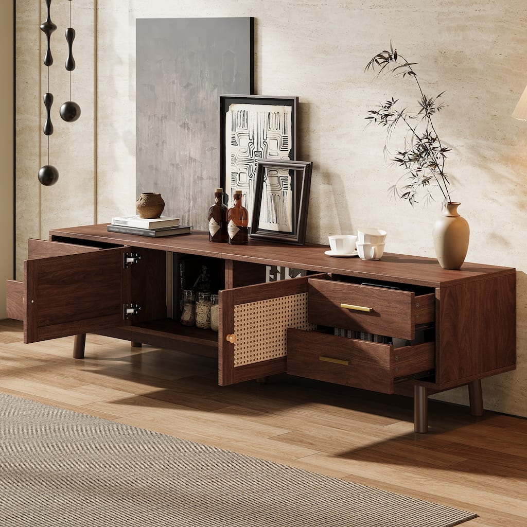 Modern 70" TV Stand with Rattan Doors for TVs up to 80", Media Console Entertainment Center with Drawers