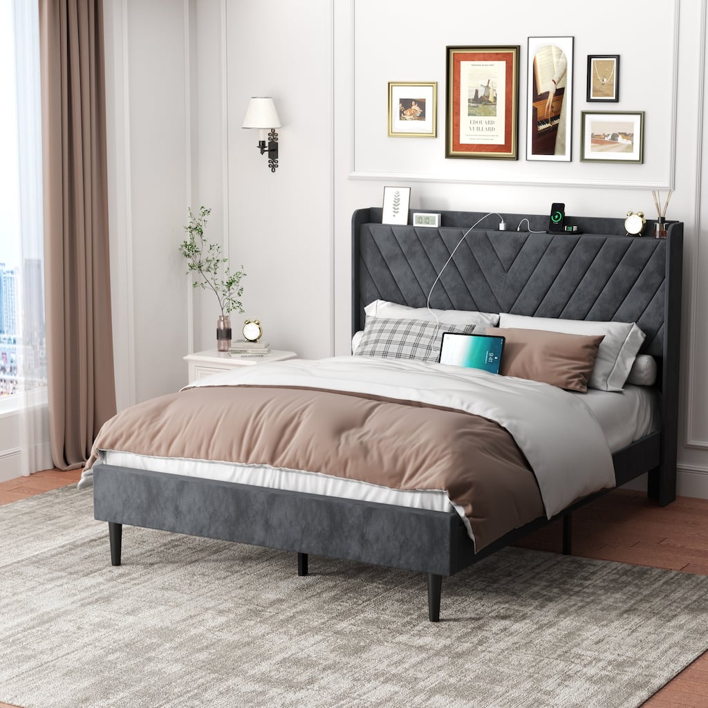 Futzca Bed Frame with Velvet Fabric Headboard