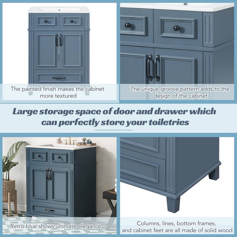 24" Bathroom Vanity with Ceramic Sink,Solid Wood Frame Bathroom Storage Cabinet with Soft Closing Doors,Retro Style