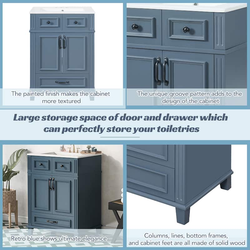 24 Inch Bathroom Vanity with Ceramic Sink, Solid Wood Frame, Soft Close Doors and Drawer, Retro Bathroom Cabinet