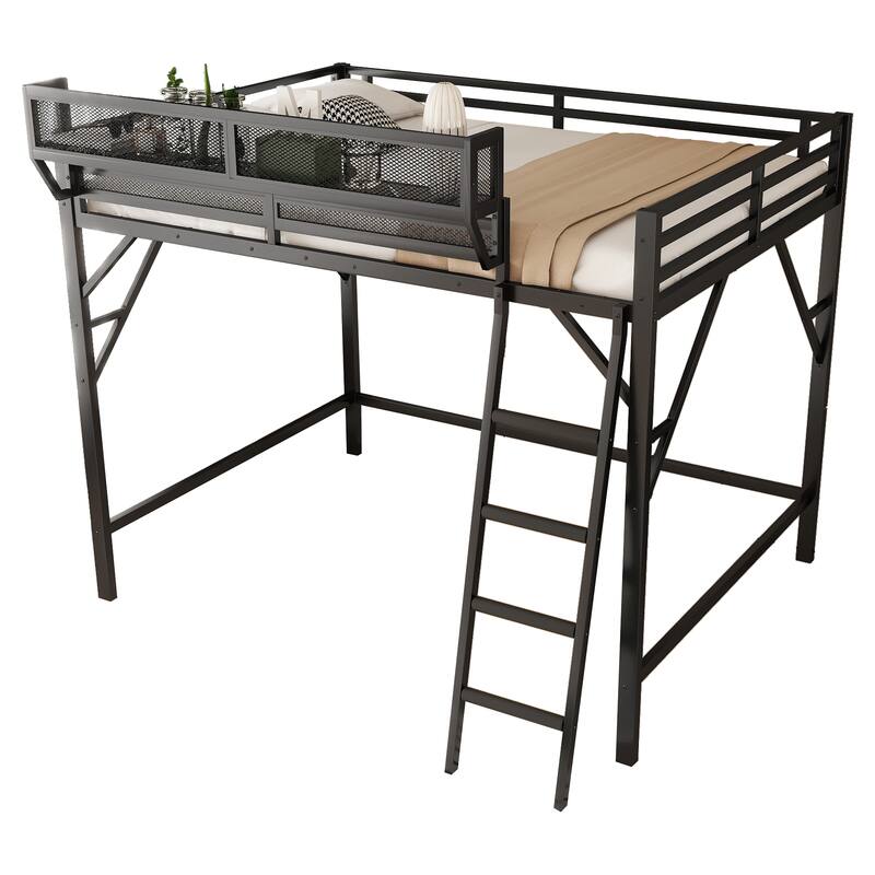 Heavy Duty Metal Loft Bed Frame with Guardrails and Storage Shelves