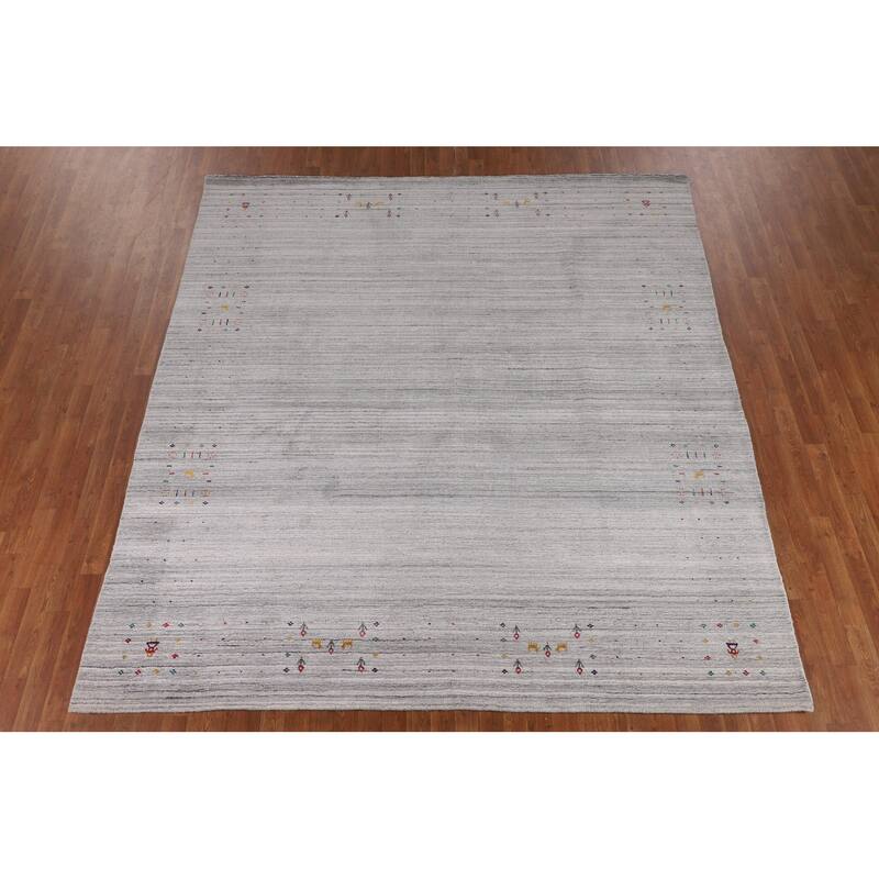Striped Gray Gabbeh Indian Area Rug Hand-Knotted Wool Carpet - 8'7" X 9'7"
