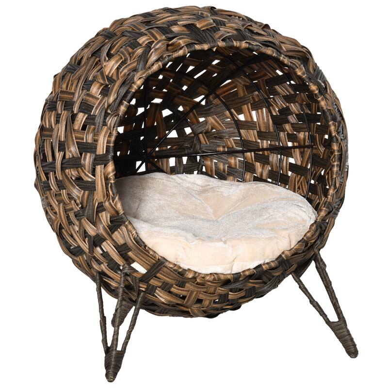 PawHut 20.5" Natural Rattan Cat House, Elevated for Comfort and Circulation, Cushion Included as Animal Bed