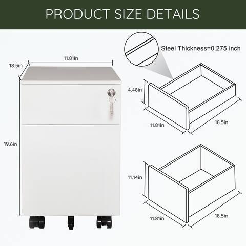 2 Drawer Mobile File Cabinet with Lock Metal