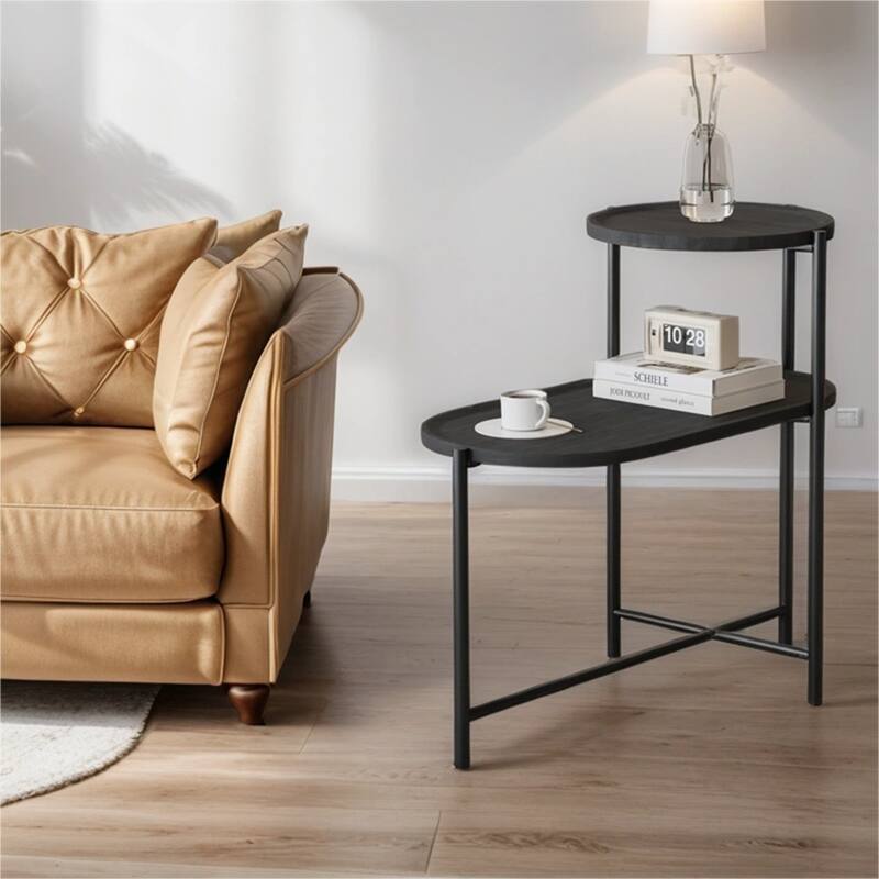 2-tier Modern Round End Table with Wood Storage Shelf - Black