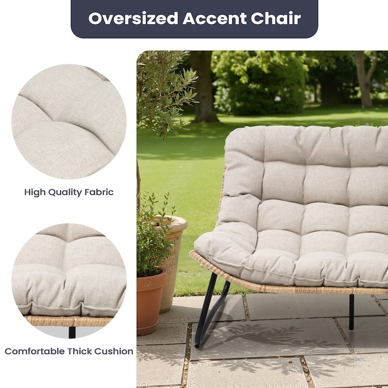 All-Weather PE Rattan Double Papasan Chair Loveseat with Soft Cushion for Indoor Outdoor